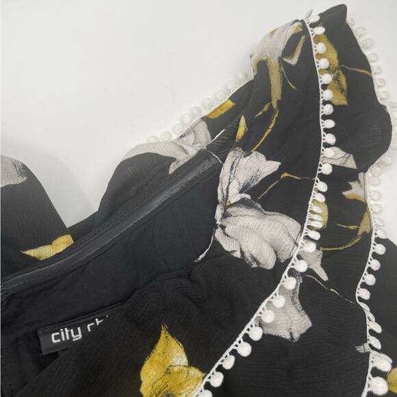 CITY CHIC Jumpsuit SZ 14 Black White Yellow Crepe Floral Print Off The Shoulder - Picture 7 of 13